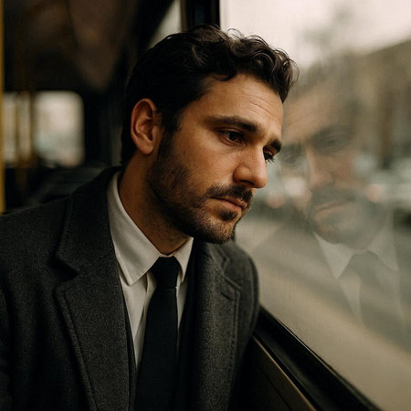 Portrait of a handsome middle-aged man in a suit and tie looking out the window.