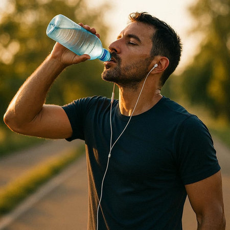 Young man drinking water from a bottle after jogging in the park.