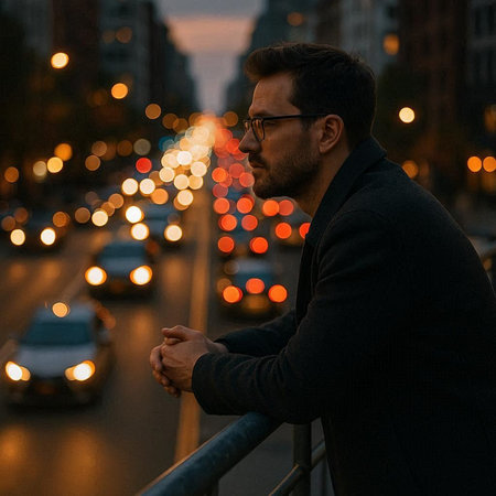 Handsome young man in glasses and a black jacket standing on the bridge and looking at the camera.の写真素材