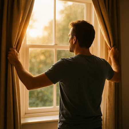 Back view of man looking out the window and holding curtains in the morningの写真素材