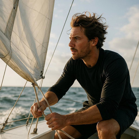 Portrait of a handsome young man sailing on a yacht at sunset