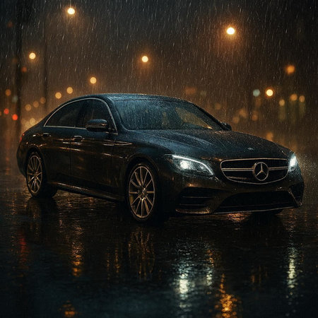 Black car in the rain on a dark background. 3d rendering