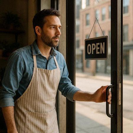 Portrait of a handsome young man in apron opening a cafe door.