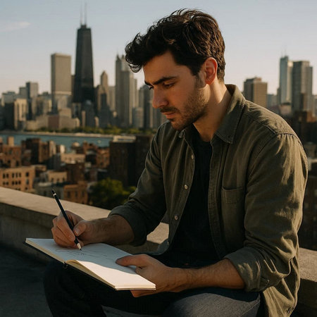 Handsome young man writing in a notebook while sitting on a rooftop with skyscrapers in the...