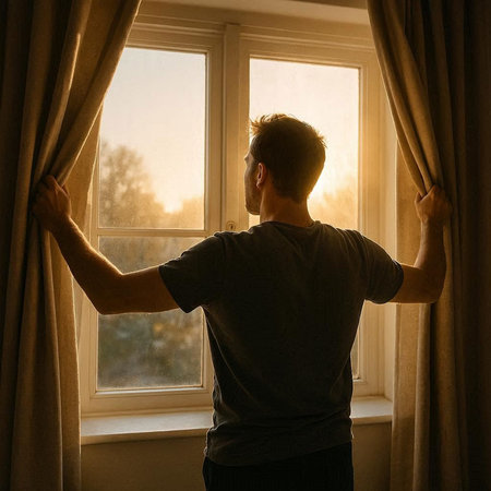 Man opening window curtains in the morning. View from the back.の写真素材