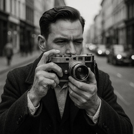 Handsome man with vintage camera on the street. Black and white photo.の写真素材