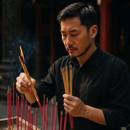 Asian man holding incense stick in chinese temple, closeupの写真素材