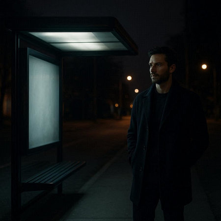Portrait of a handsome man in a dark coat standing in the street at night.