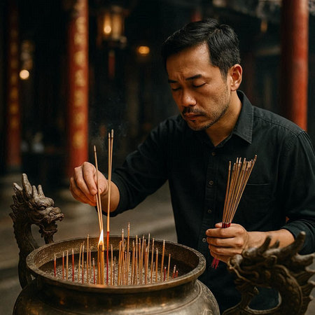 Handsome Chinese man lighting incense sticks in the temple.