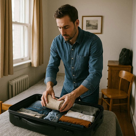 Handsome caucasian man in blue shirt packing clothes into suitcase at home