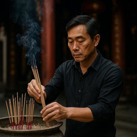 Portrait of asian man holding incense stick in the temple