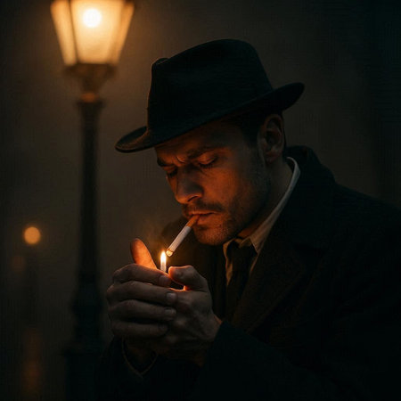 Man in a hat with a burning candle in his hand in a dark room