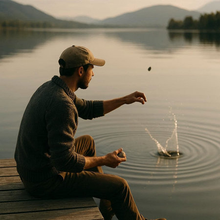 Fisherman sitting on a pier and fishing in a lake.の写真素材