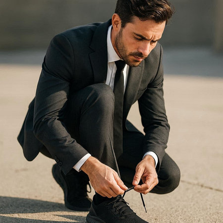 Handsome businessman tying shoelaces on his shoes outdoors.