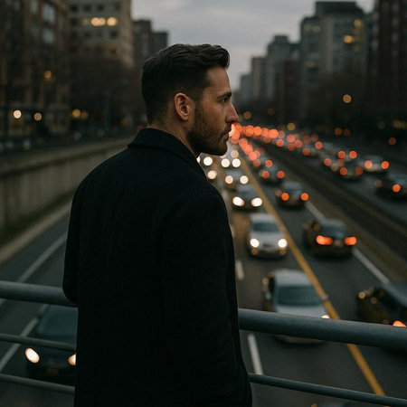 Handsome young man in a black jacket standing on the bridge and looking forward