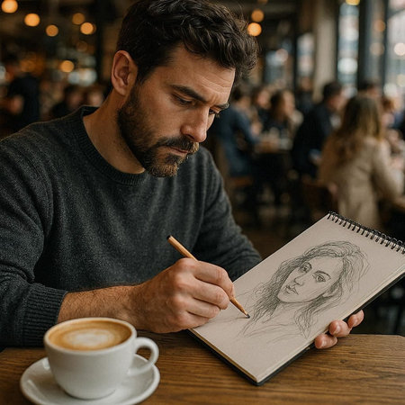 Young man drawing a girl in a cafe with a pencil and a cup of coffee