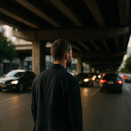Back view of a young businessman standing under a bridge in the cityの写真素材