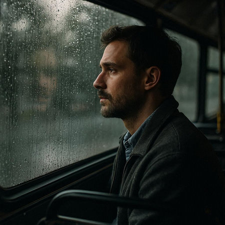 Portrait of a handsome man in a bus. Rainy day.