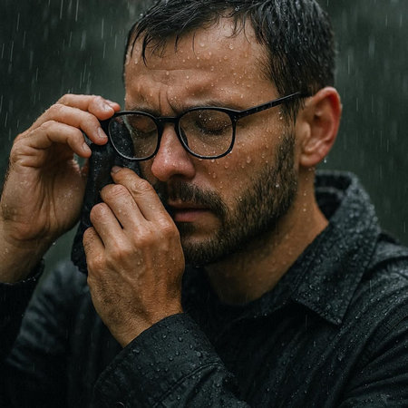 portrait of a man with glasses and a beard in the rain