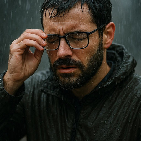 portrait of a man with a beard and glasses in the rainの写真素材