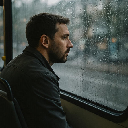 young man looking through the window of a bus with raindrops on the glass