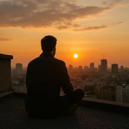 Silhouette of a man sitting on the roof and looking at the sunsetの写真素材