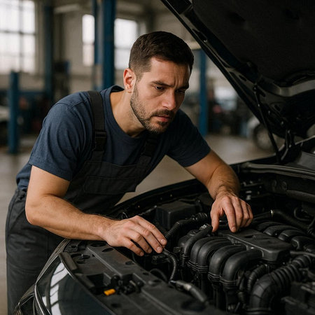 handsome mechanic repairing car engine in auto repair shop, service concept