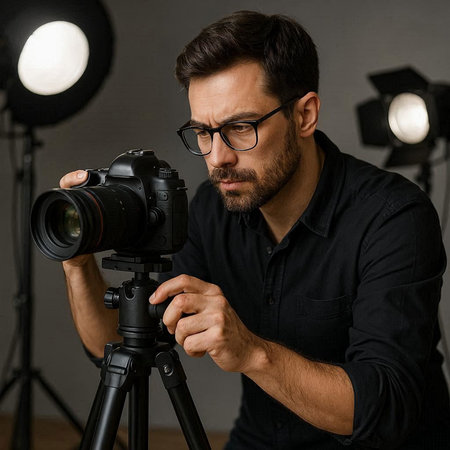 Professional photographer in black shirt and eyeglasses working with camera in studio