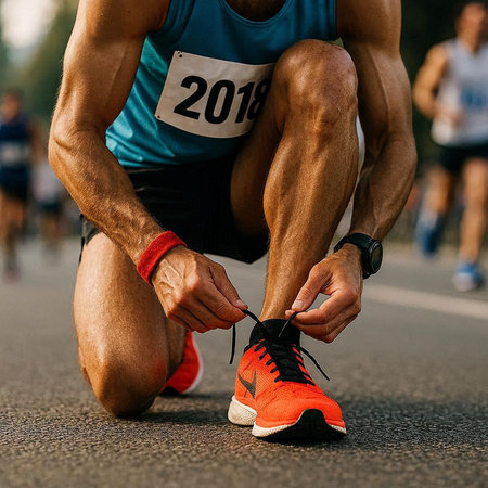 Cropped image of athlete tying shoelaces on running shoes.