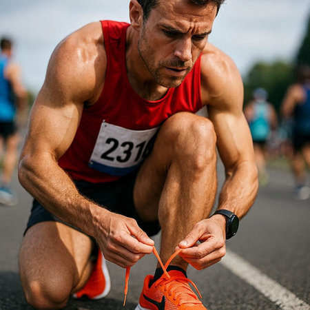 Runner athlete tying shoelaces on running race. Caucasian man in sportswear tying shoelaces on...