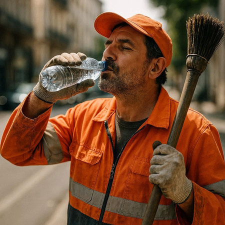 Worker in orange uniform drinking water from a bottle on the street