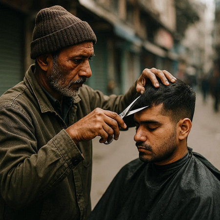 Barber cuts the hair of a young man in the street.