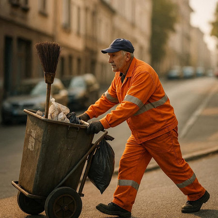 A man in orange overalls and a cap with a broom on the street