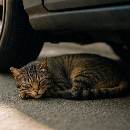 Cute tabby cat sleeping on the ground next to a car