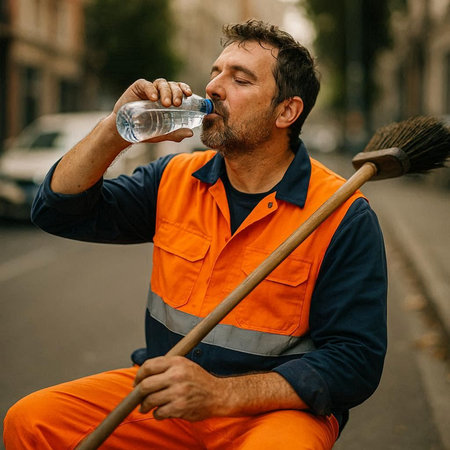 street sweeper with a broom and a bottle of water on the street
