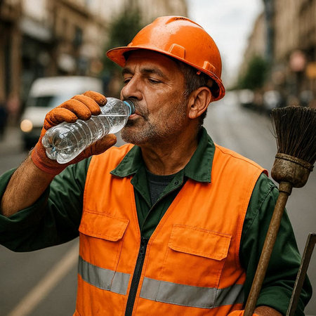 Portrait of a worker drinking water from a plastic bottle on the street