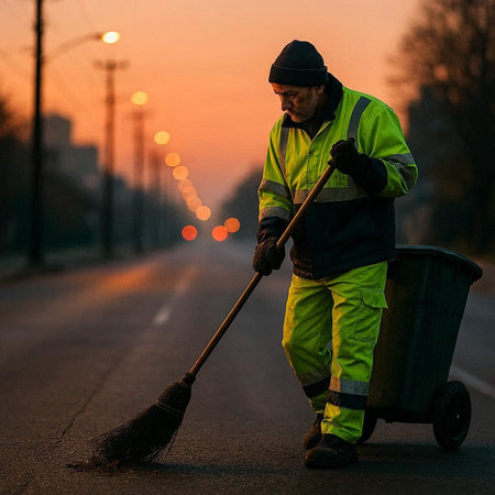 Worker cleans the road with a broom in the city at sunset