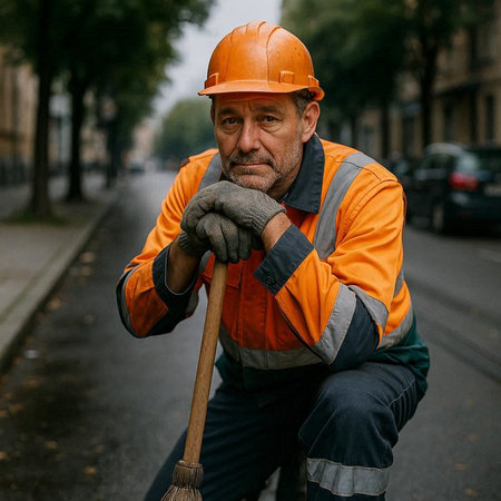 Portrait of an elderly man in a protective workwear and a hard hat on the street.