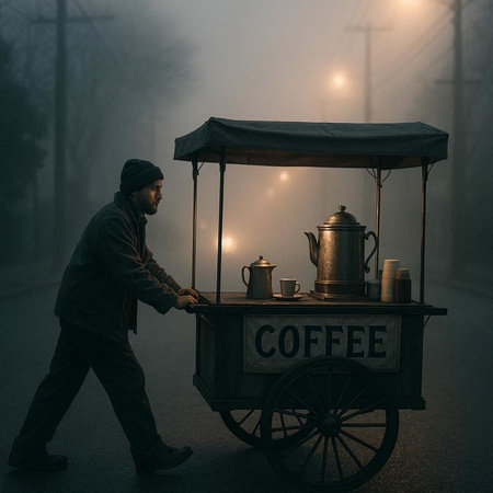 Street food cart with a man walking in a foggy night.の写真素材