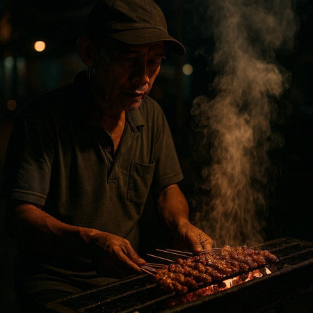 Vietnamese man cooking chicken skewers on the street at night