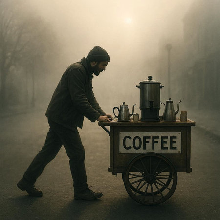 Coffee seller in the misty foggy morning. Coffee cart on the street.の写真素材