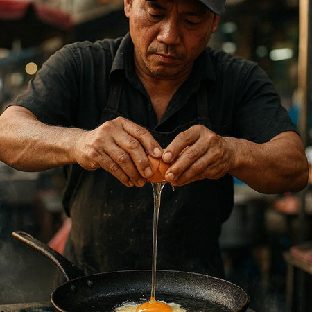 Hands of Asian man preparing fried egg in frying pan on street food market.