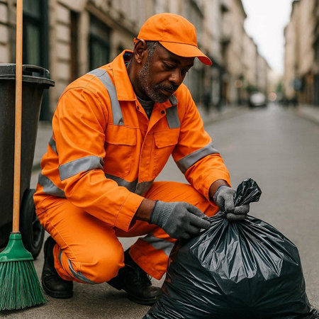 african american janitor in orange uniform cleaning street with broom