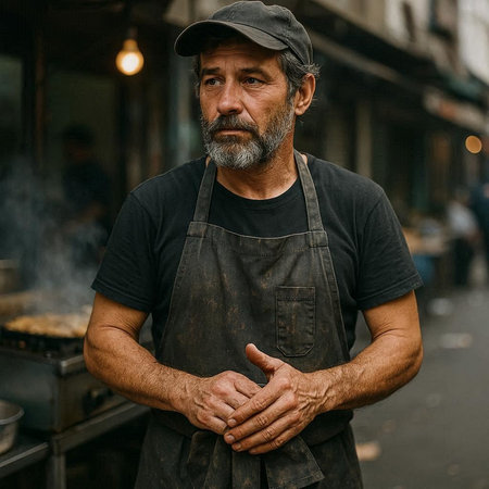 Portrait of a middle-aged man in a cap and a black T-shirt with a gray beard on a street in the city.の写真素材