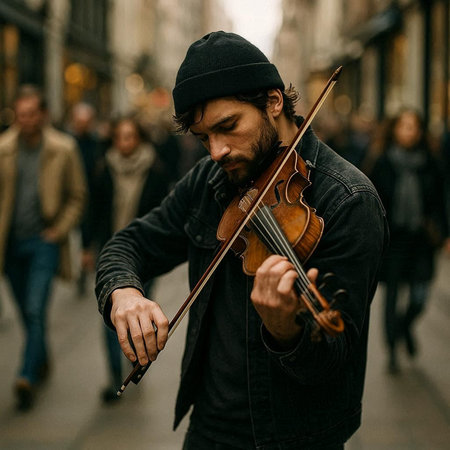 Musician playing a violin in the street. Young man playing a violin.
