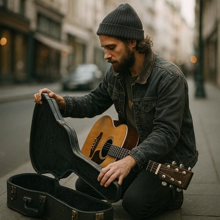 Handsome bearded hipster man with guitar in the city.の写真素材