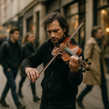 Man playing the violin on the street. The musician plays the violin.