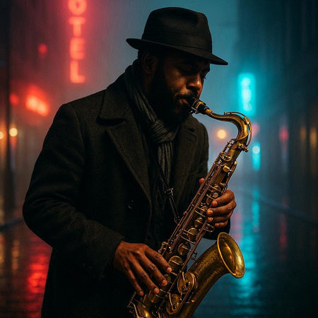 Bearded african american jazz musician playing the saxophone in the night club