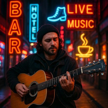 Street musician playing acoustic guitar in the city at night with neon signs.