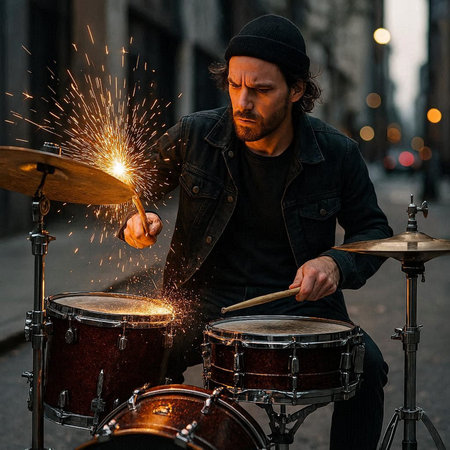 Musician playing drums on the street in the city at sunset.の写真素材
